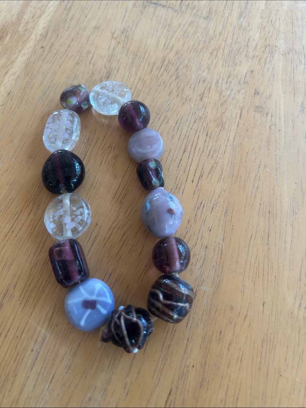 Handcrafted Glass Bead Stretch Bracelet - Purple and Clear